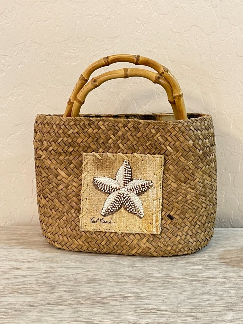 Sun N Sand Paul Brent Bag Tote Natural Woven Starfish Bamboo Handle Tropical